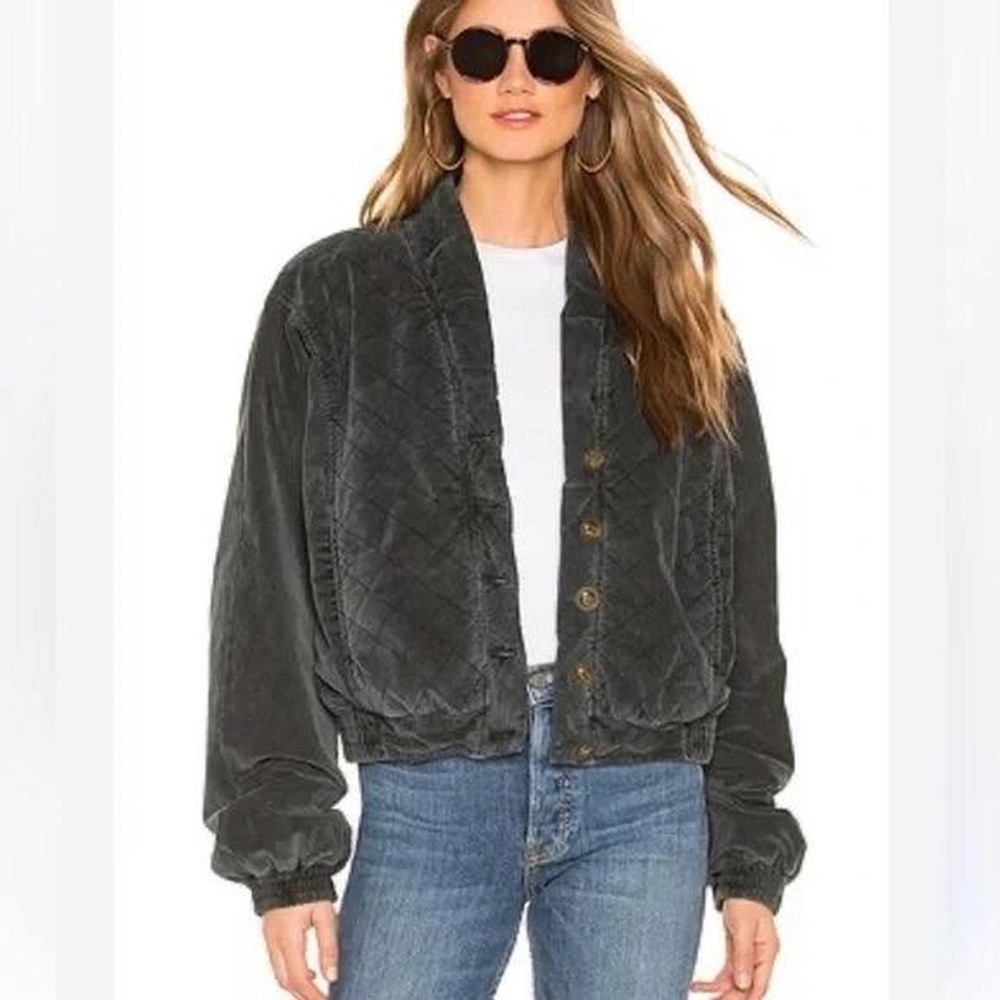 Free People Charcoal Quilted Style Bomber Jacket